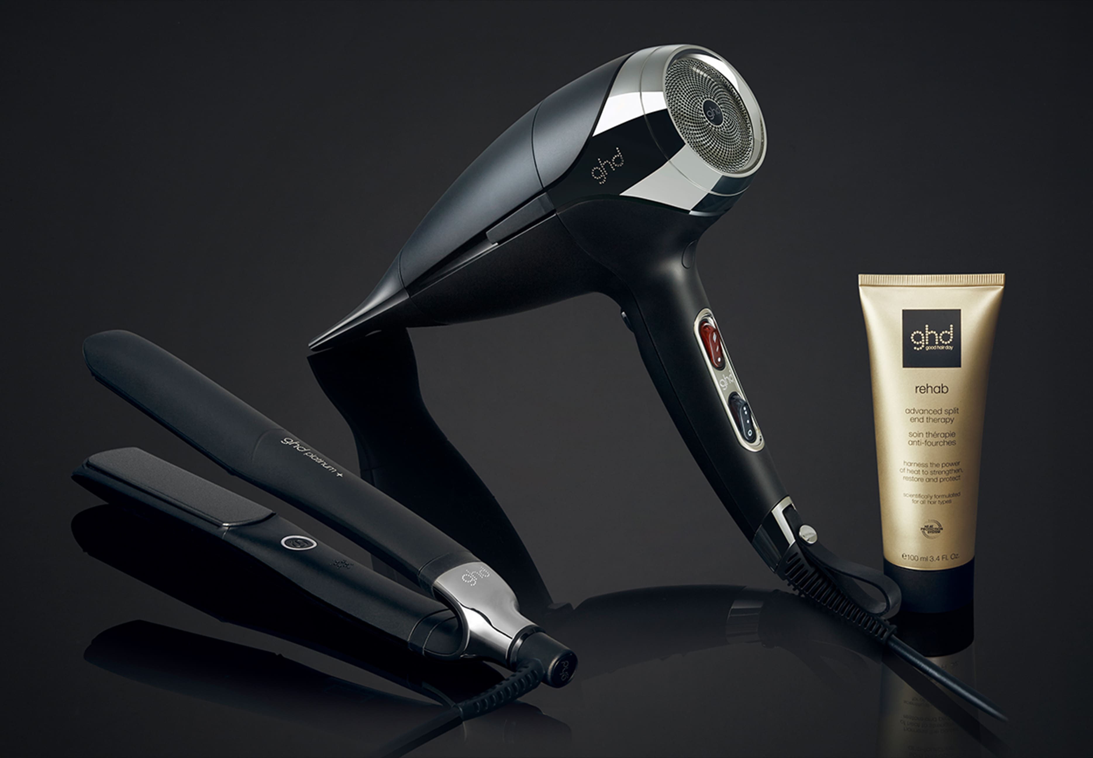 ghd Platinum+ and ghd helios hair dryer with advanced split end therapy