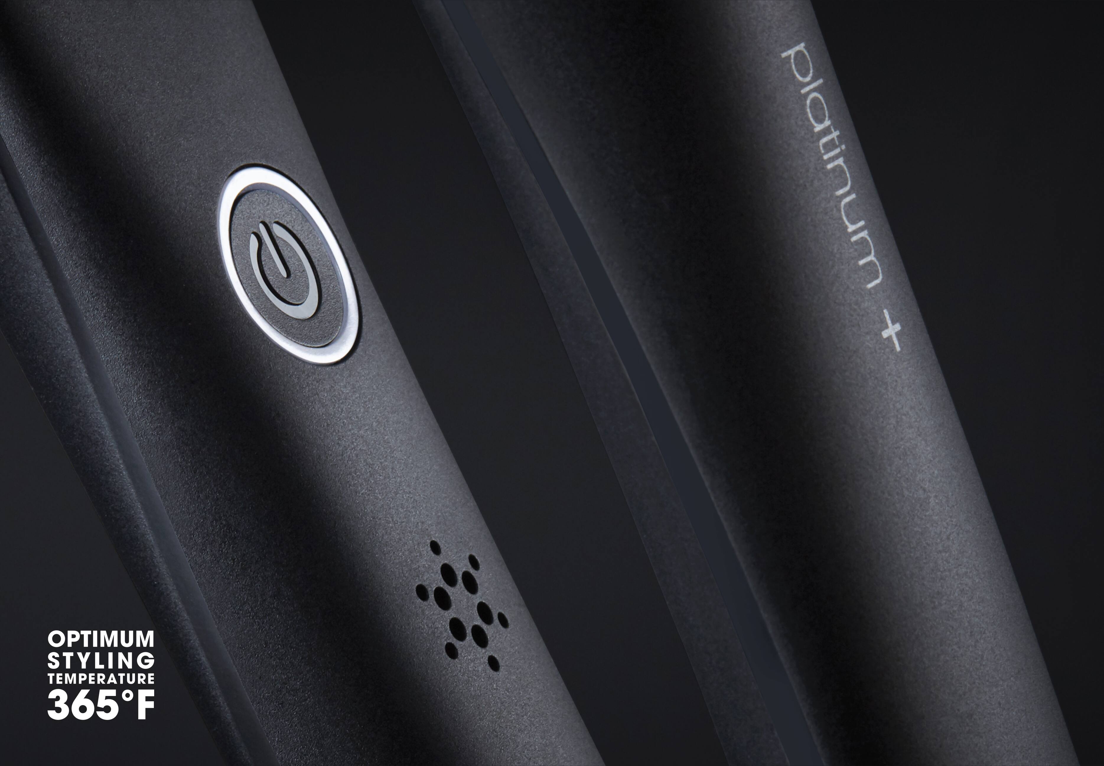 ghd one inch platinum plus styler in black button close-up