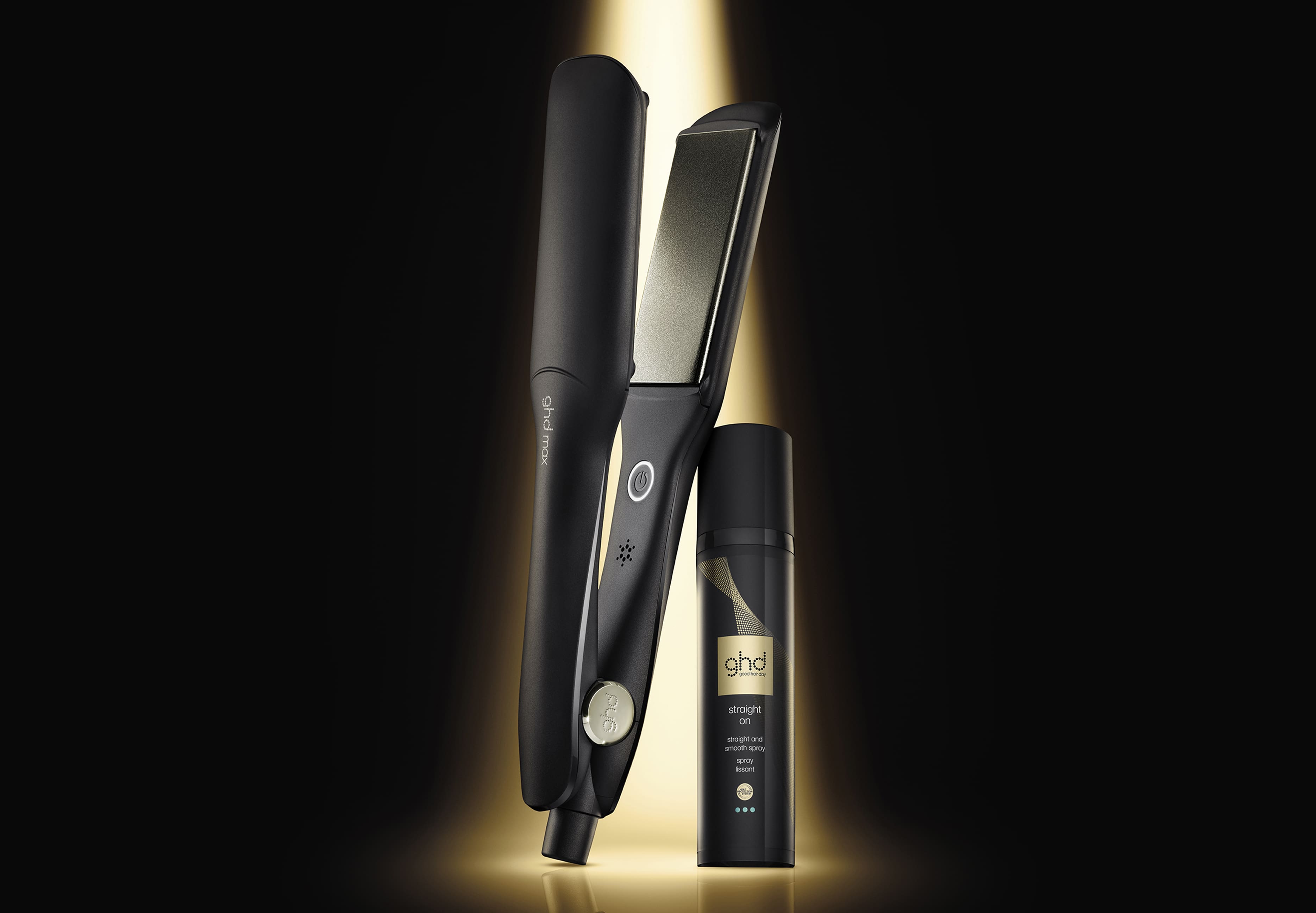 ghd max Glätteisen mit ghd straight on Glättungsspray für die Haare