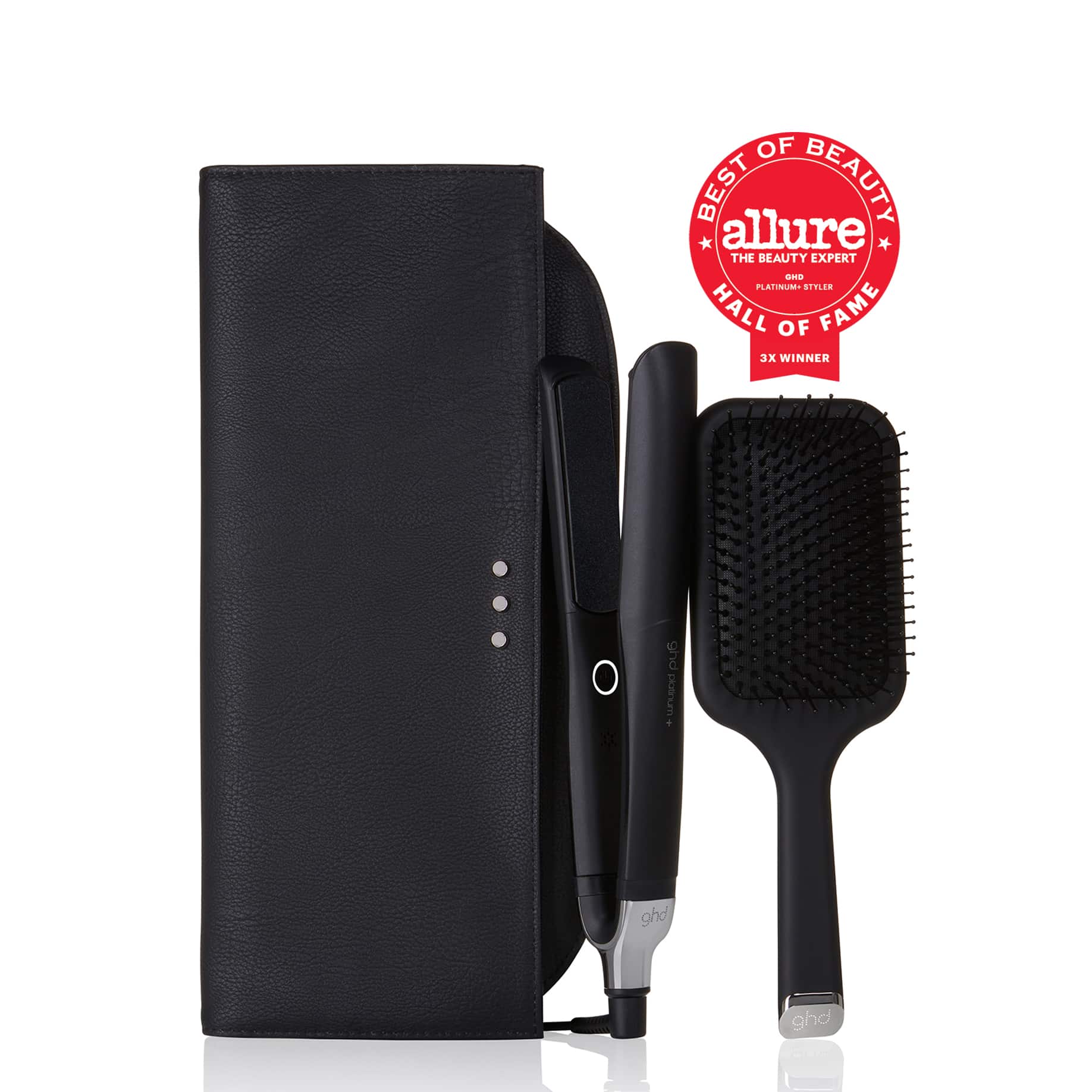 ghd platinum plus styler, paddle brush and heat resistant bag