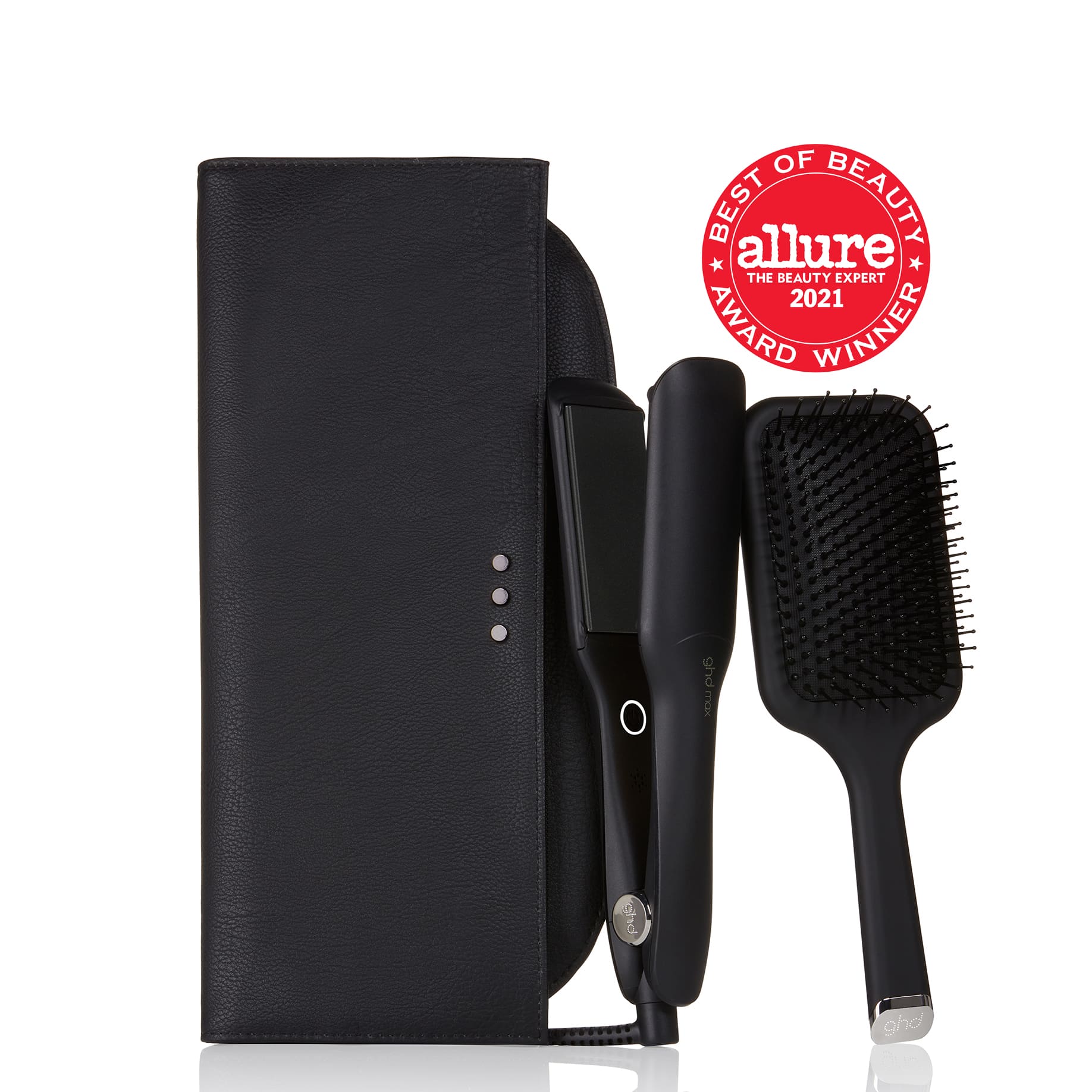 ghd two inch max styler, paddle brush and heat resistant bag