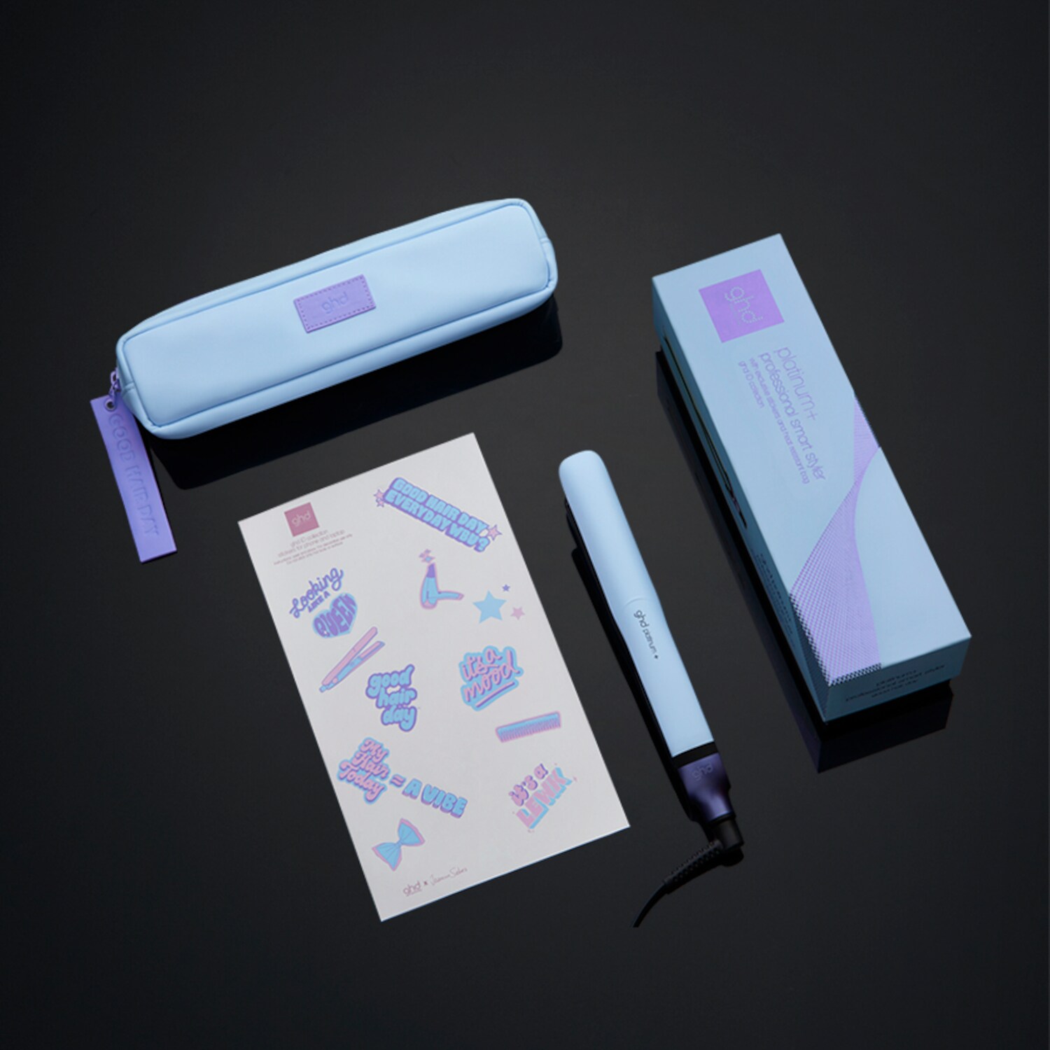 plancha,neceser,pegatinas y caja ghd platinum+ azul
