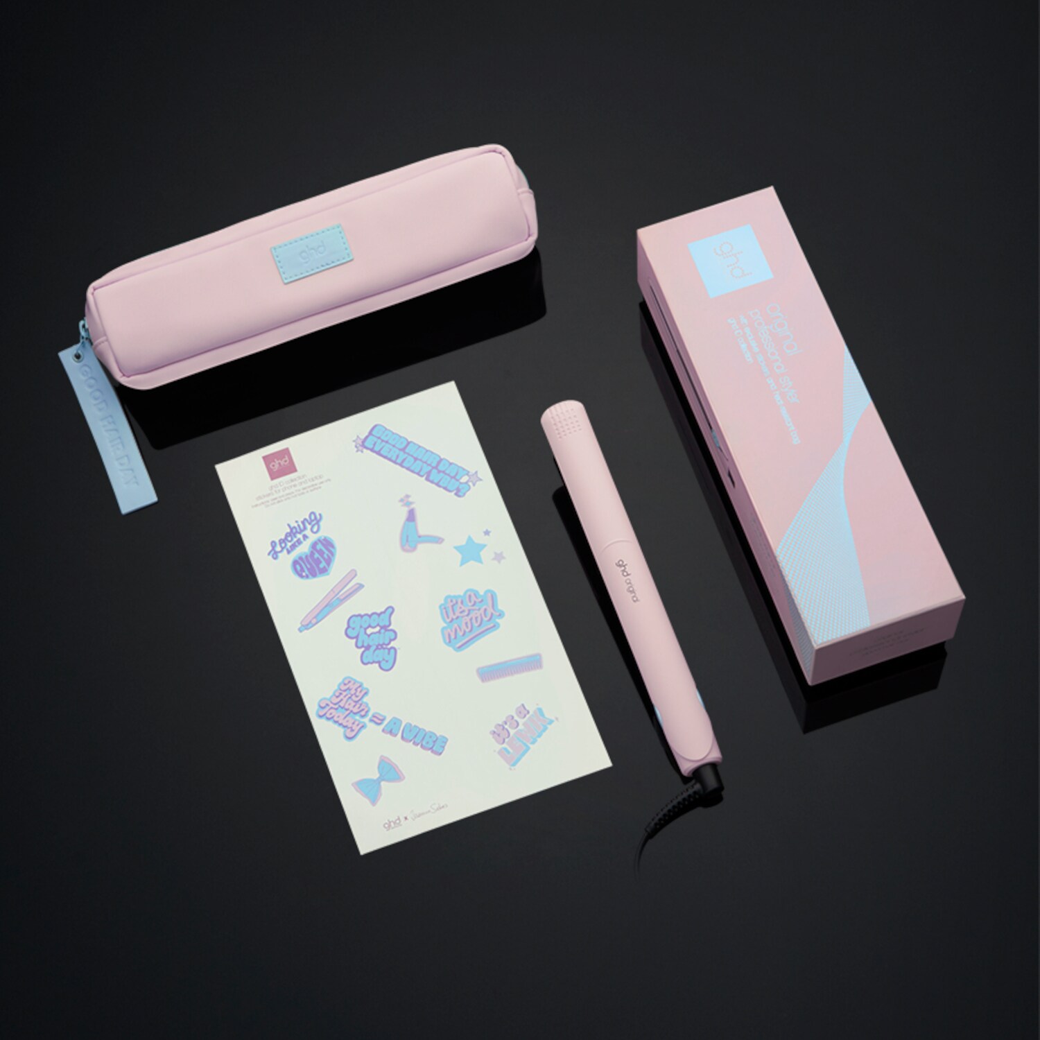 plancha,neceser,pegatinas y caja ghd rosa original