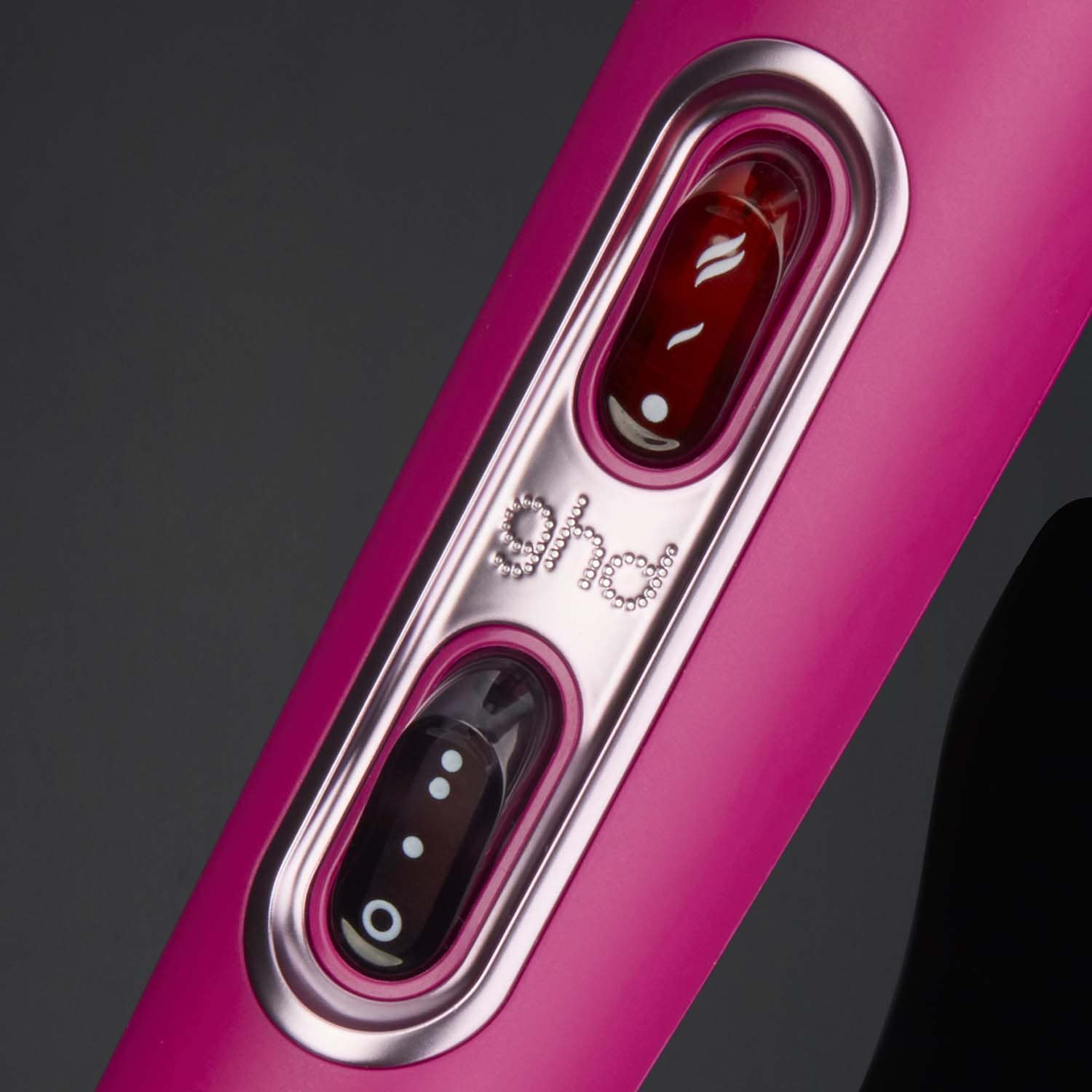 ghd helios hair dryer orchid pink button close-up