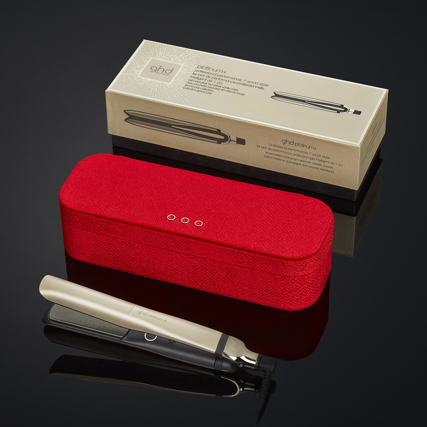 limitierter ghd platinum+ Styler mit rotem Samt-Etui und Box