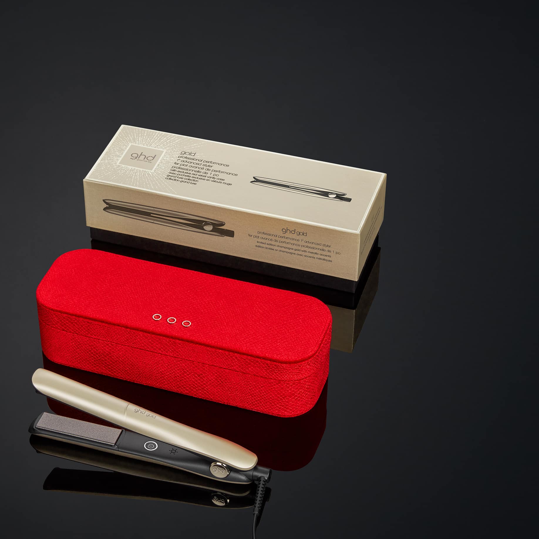 ghd gold styler in champagne gold with red case and gold box