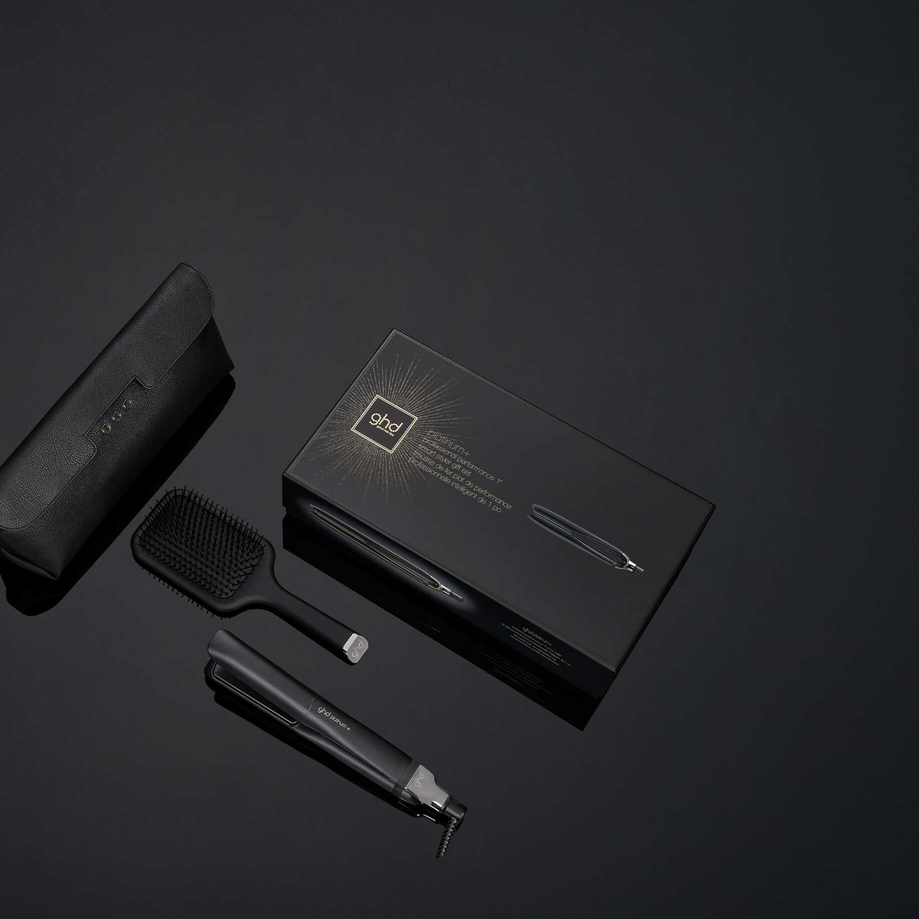 ghd platinum + styler, paddle brush, heat resistant bag with box