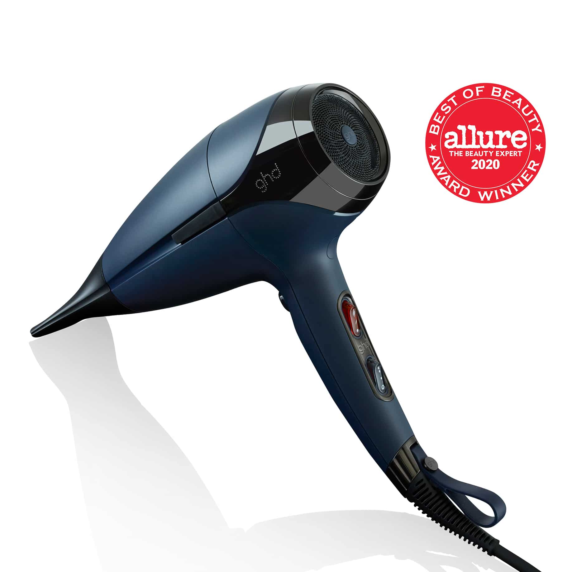 ghd helios hair dryer in navy with allure best of beauty award seal